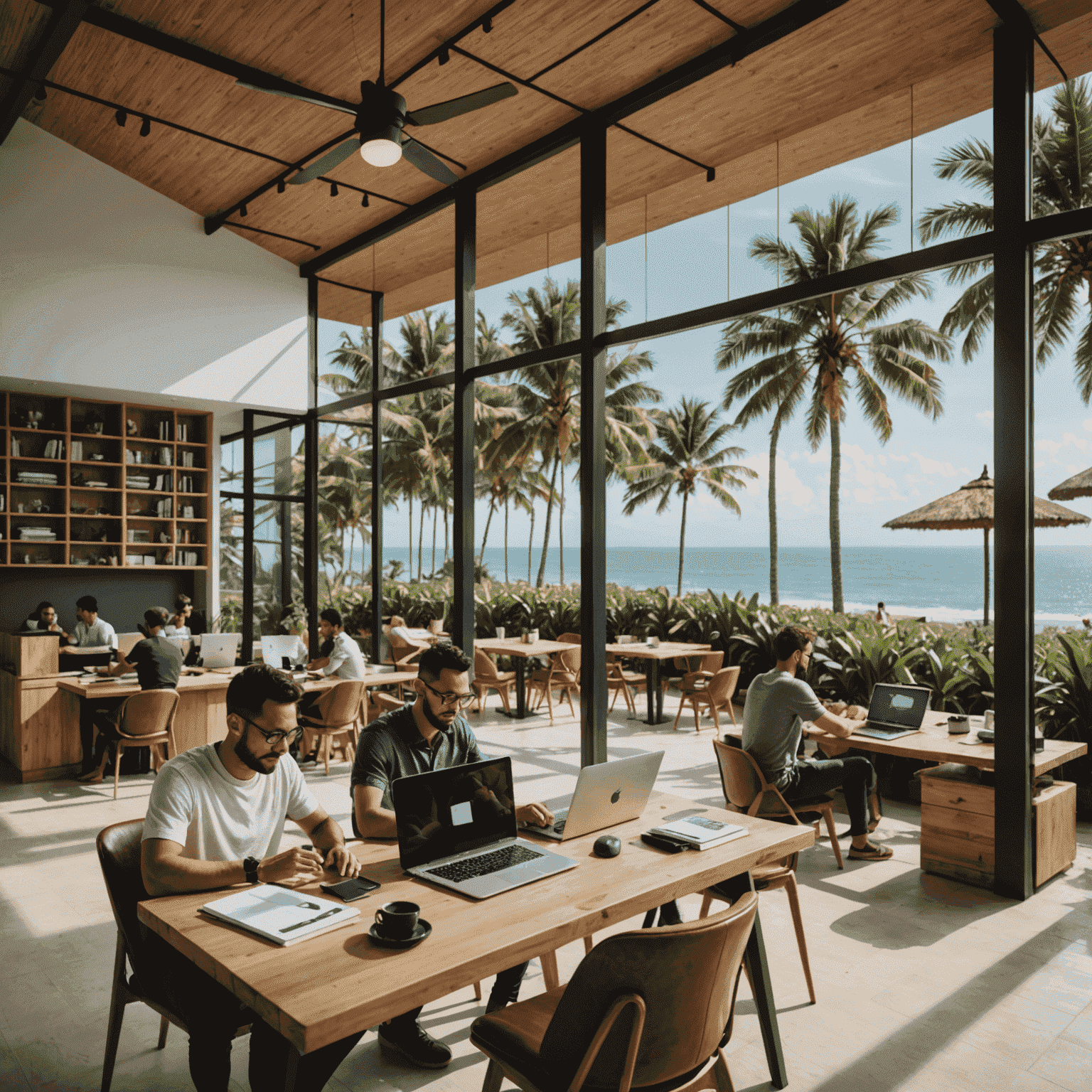 Bali'de palmiye ağaçları ve deniz manzarasına sahip modern bir coworking alanı. Açık plan ofis, rahat koltuklar ve dizüstü bilgisayarlarıyla çalışan insanlar görünüyor.