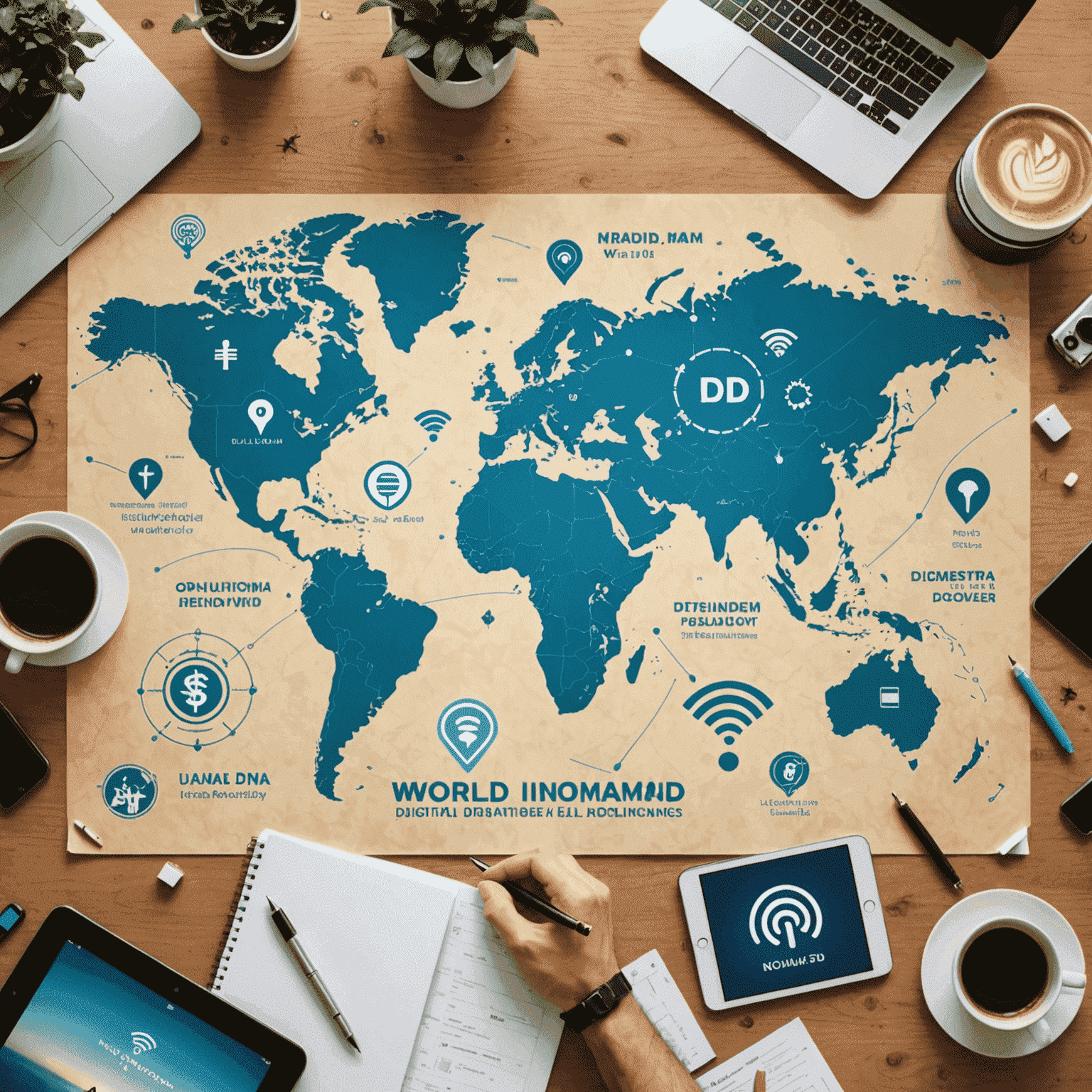 Dünya haritası üzerinde işaretlenmiş uygun fiyatlı dijital göçebe destinasyonları. Her destinasyon için küçük simgeler (Wi-Fi, ev, dolar işareti) gösteriliyor.